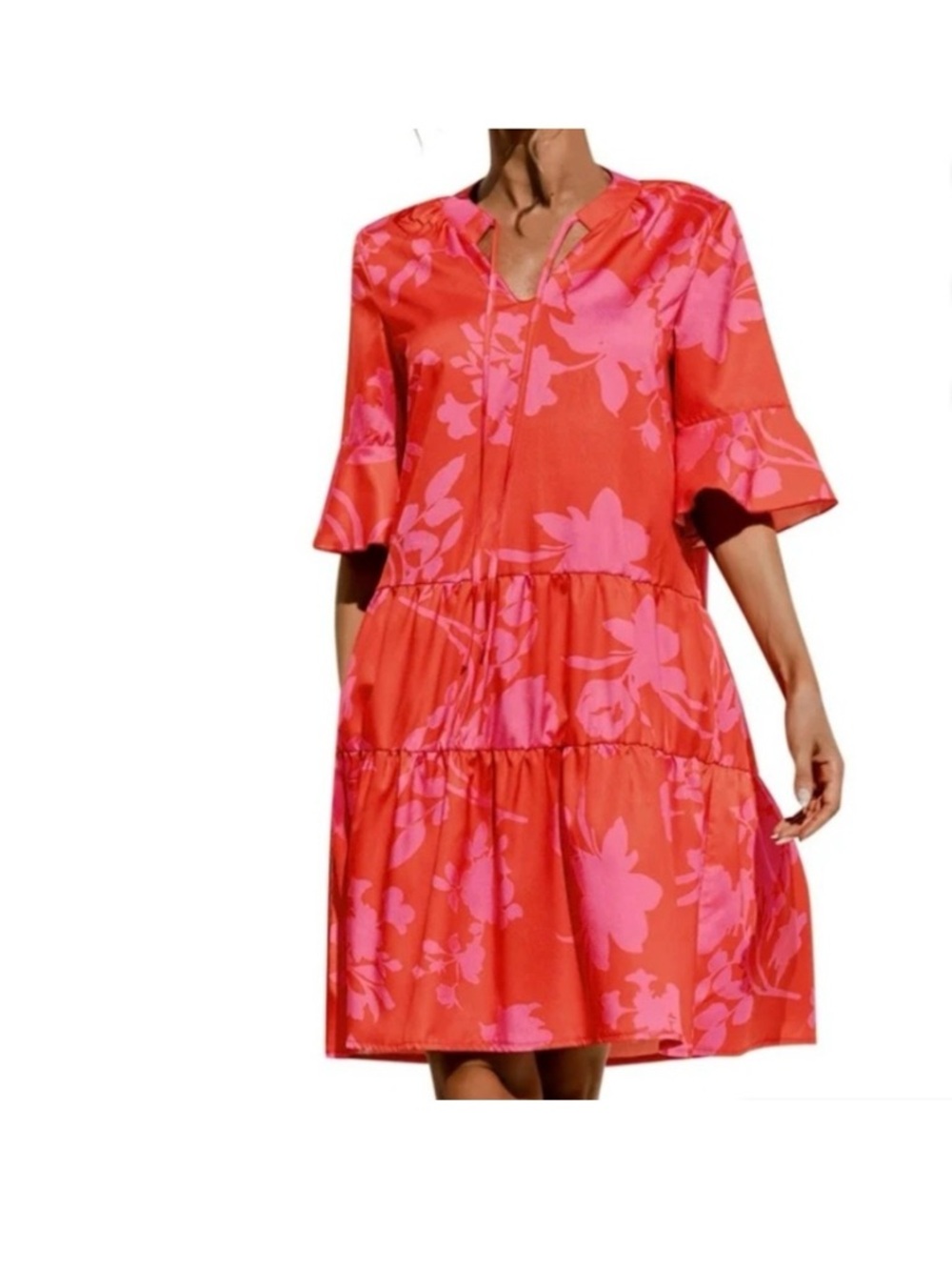Women's Pink-Red Floral Tiered Shift Dress